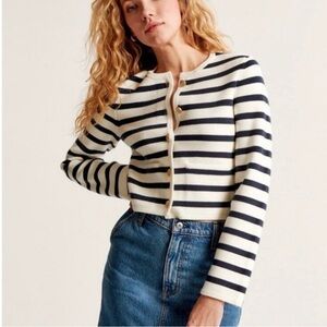 Abercrombie & Fitch Gold Button Striped Cardigan Sweater in White Navy Size‎ S